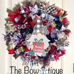 Handmade Merry Christmas Gnome Holiday Ribbon Door Wreath 22 ins W44